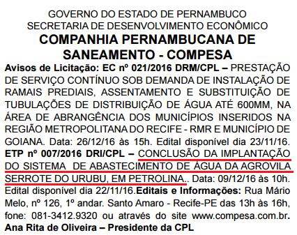 licitação abastecimento serrote do urubu